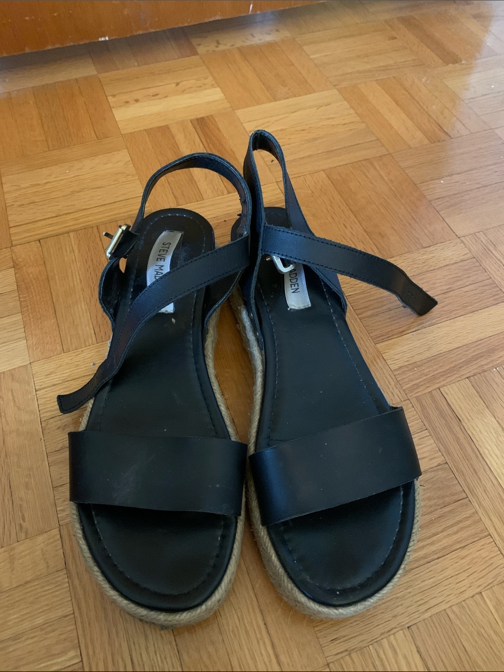Steve Madden Black Leather Slingback Espadrille Sandals with Jute Sole